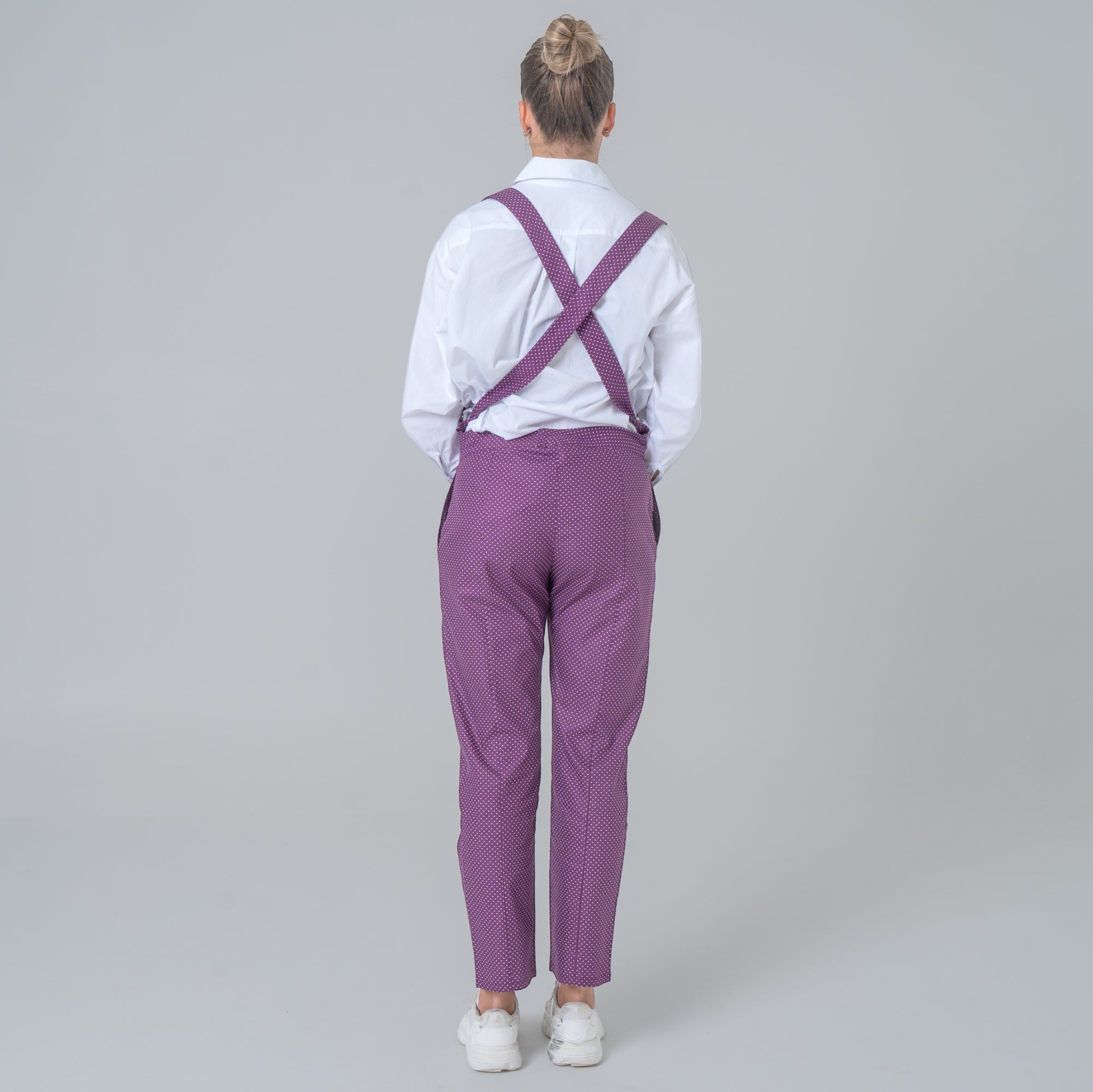 Lilac cotton poplin suspender pants with white polka dots