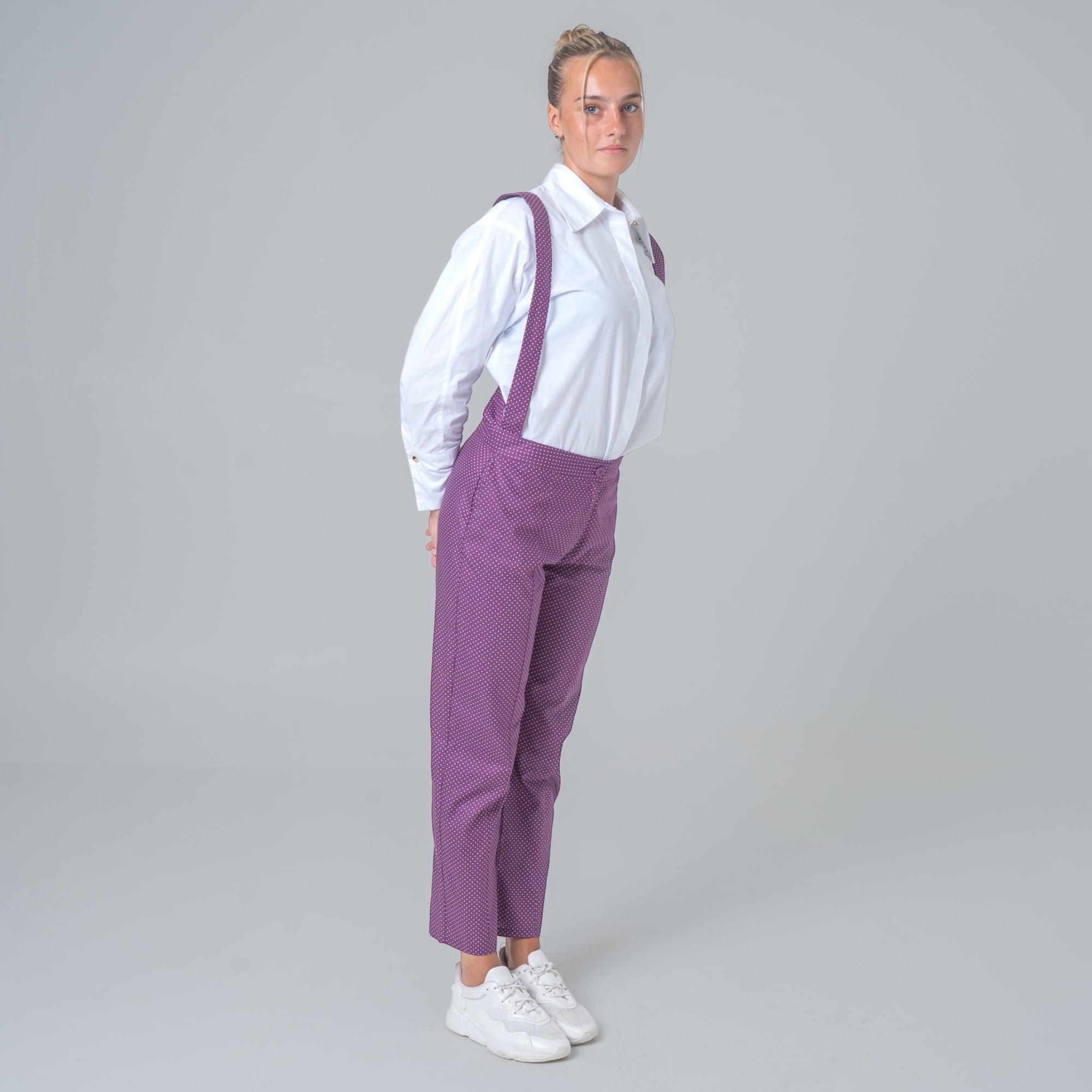 Lilac cotton poplin suspender pants with white polka dots