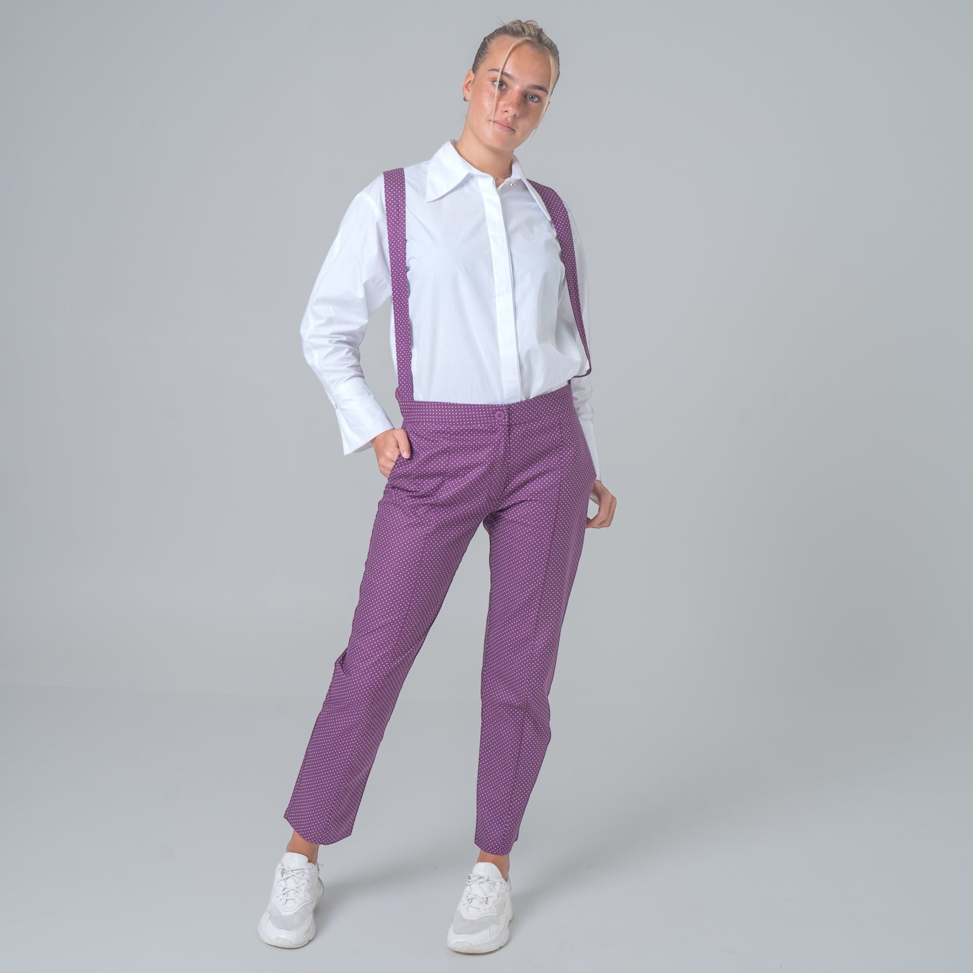 Lilac cotton poplin suspender pants with white polka dots