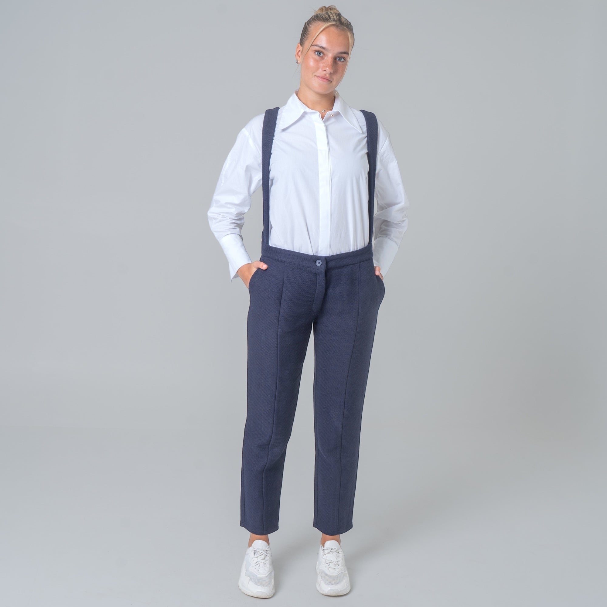 Navy tweed suspender pants