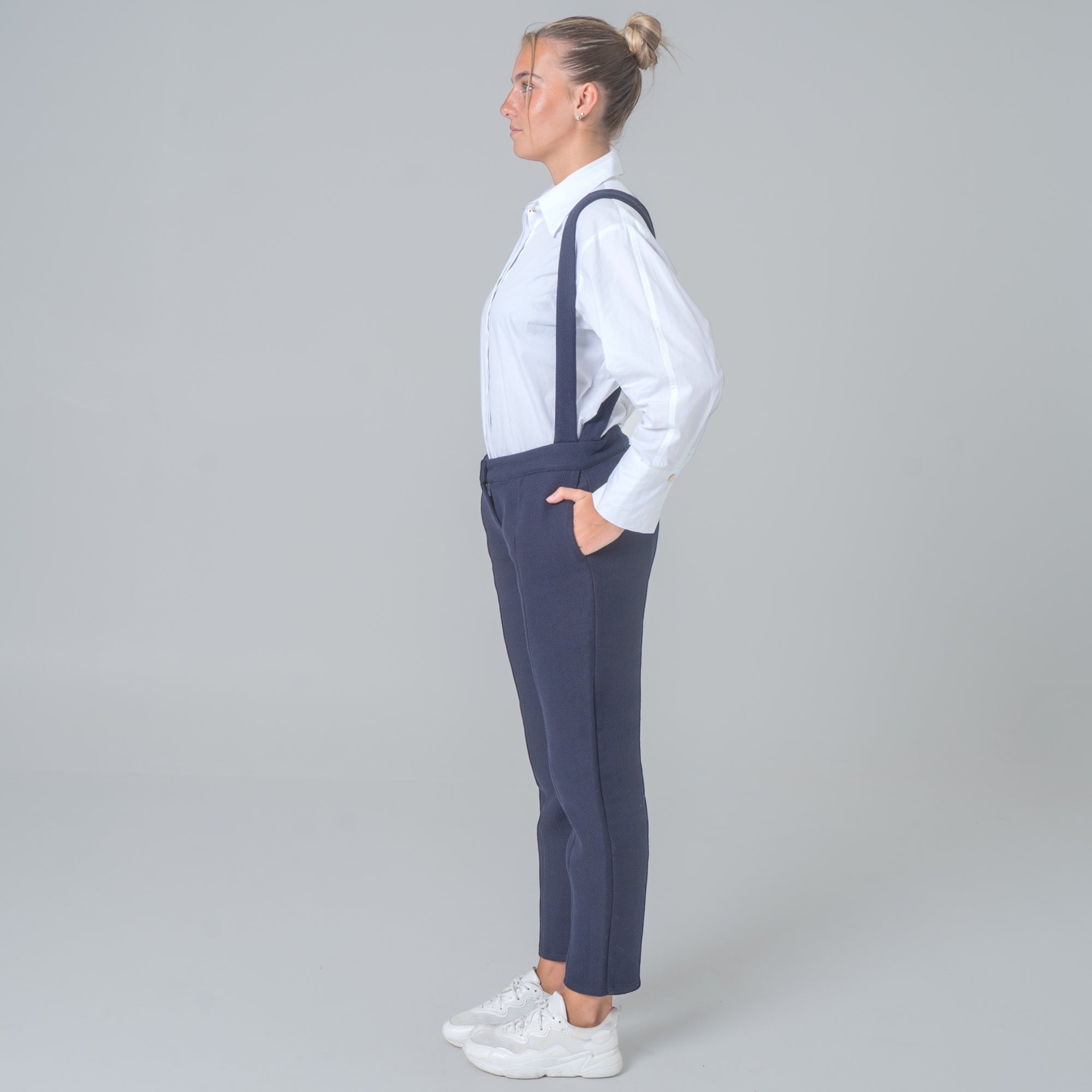 Navy tweed suspender pants