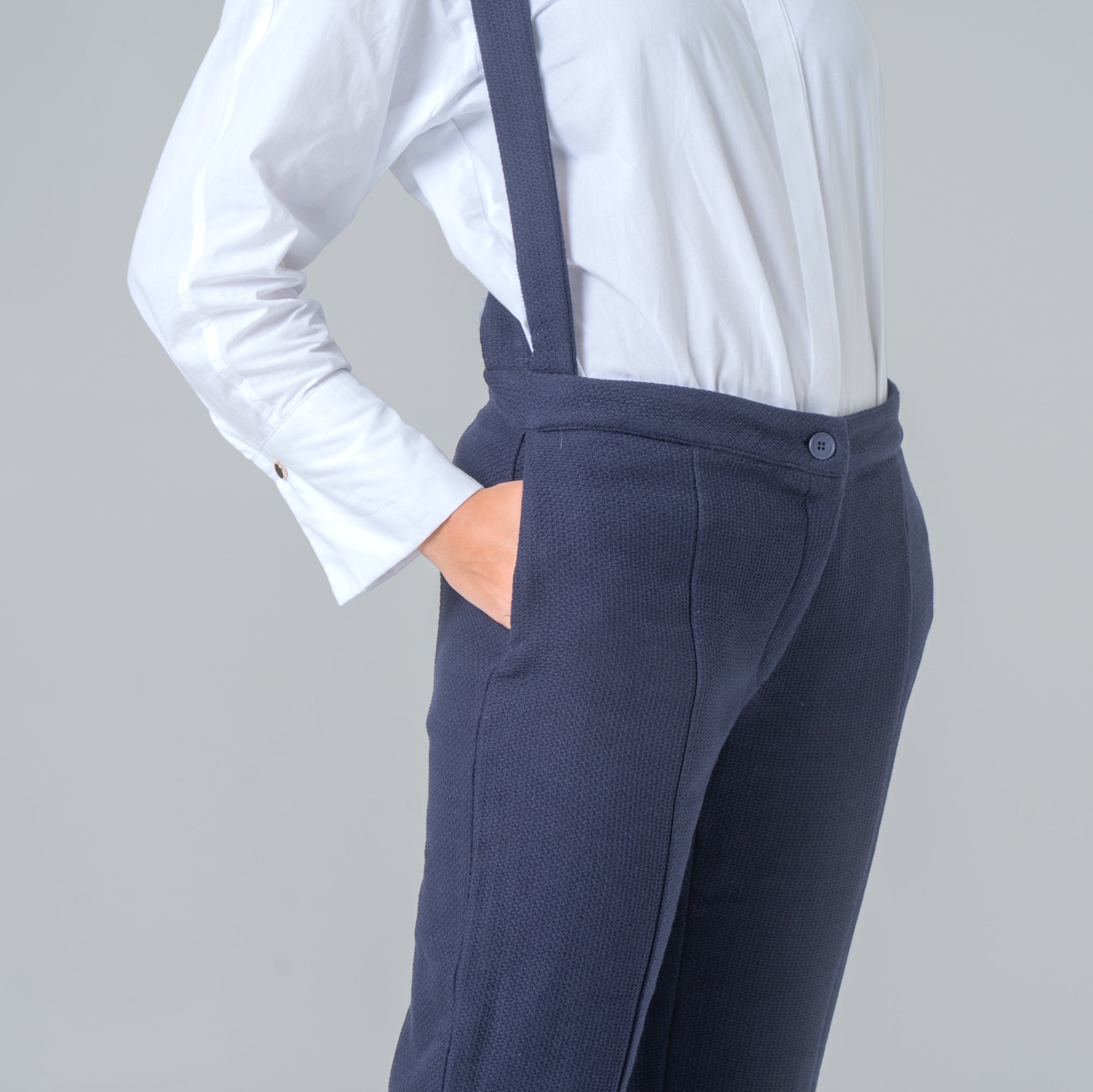 Navy tweed suspender pants