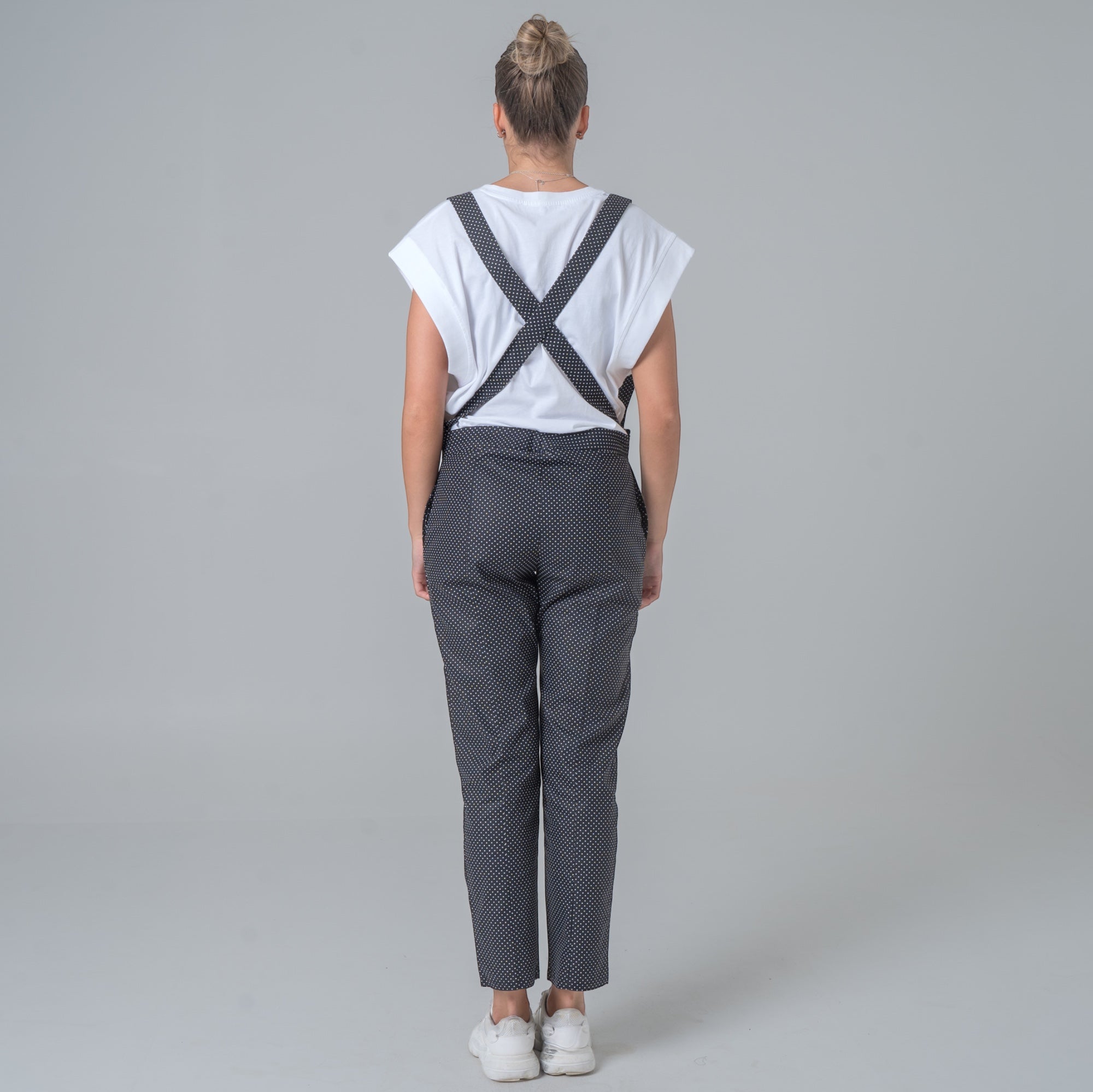 Black cotton poplin suspender pants with white polka dots