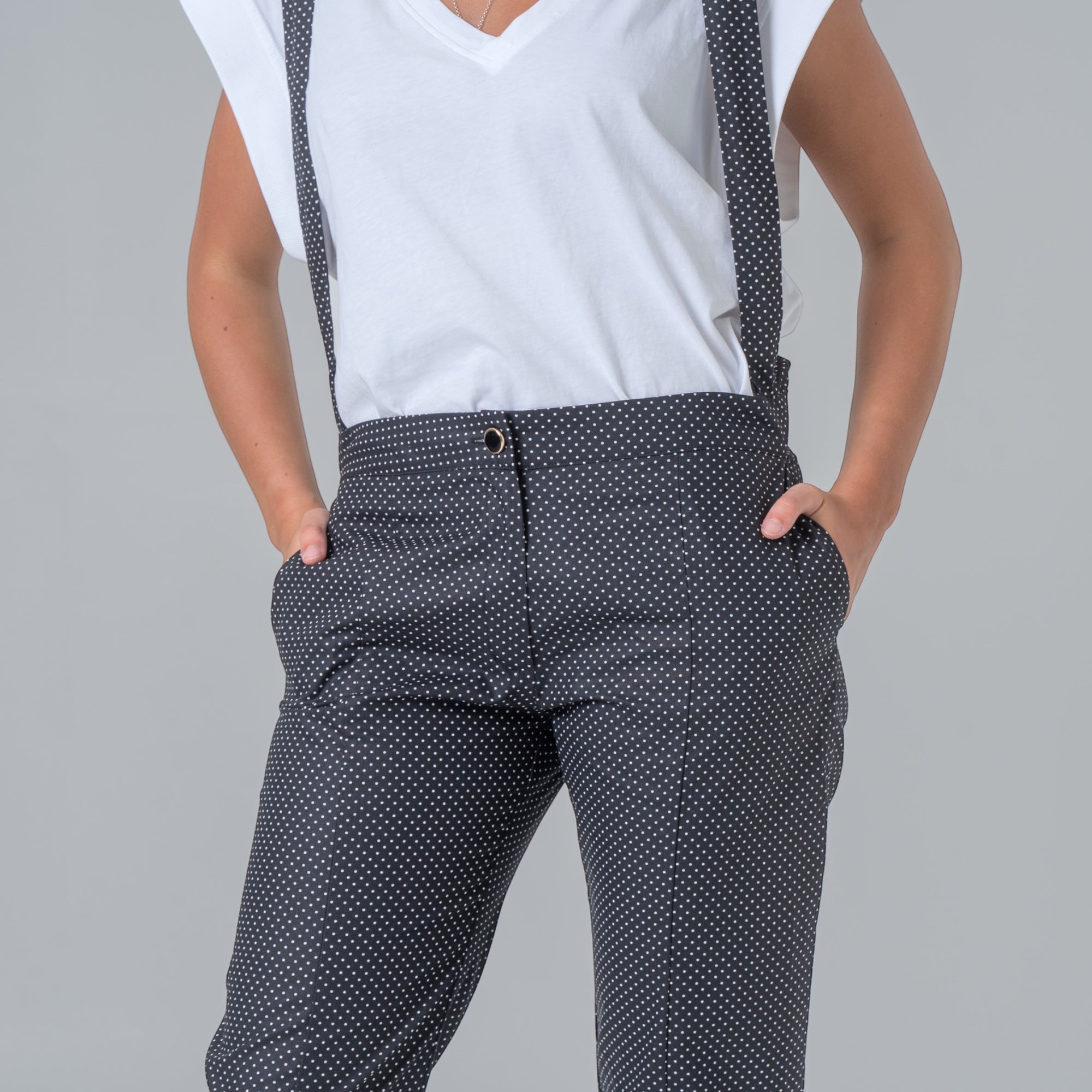 Black cotton poplin suspender pants with white polka dots