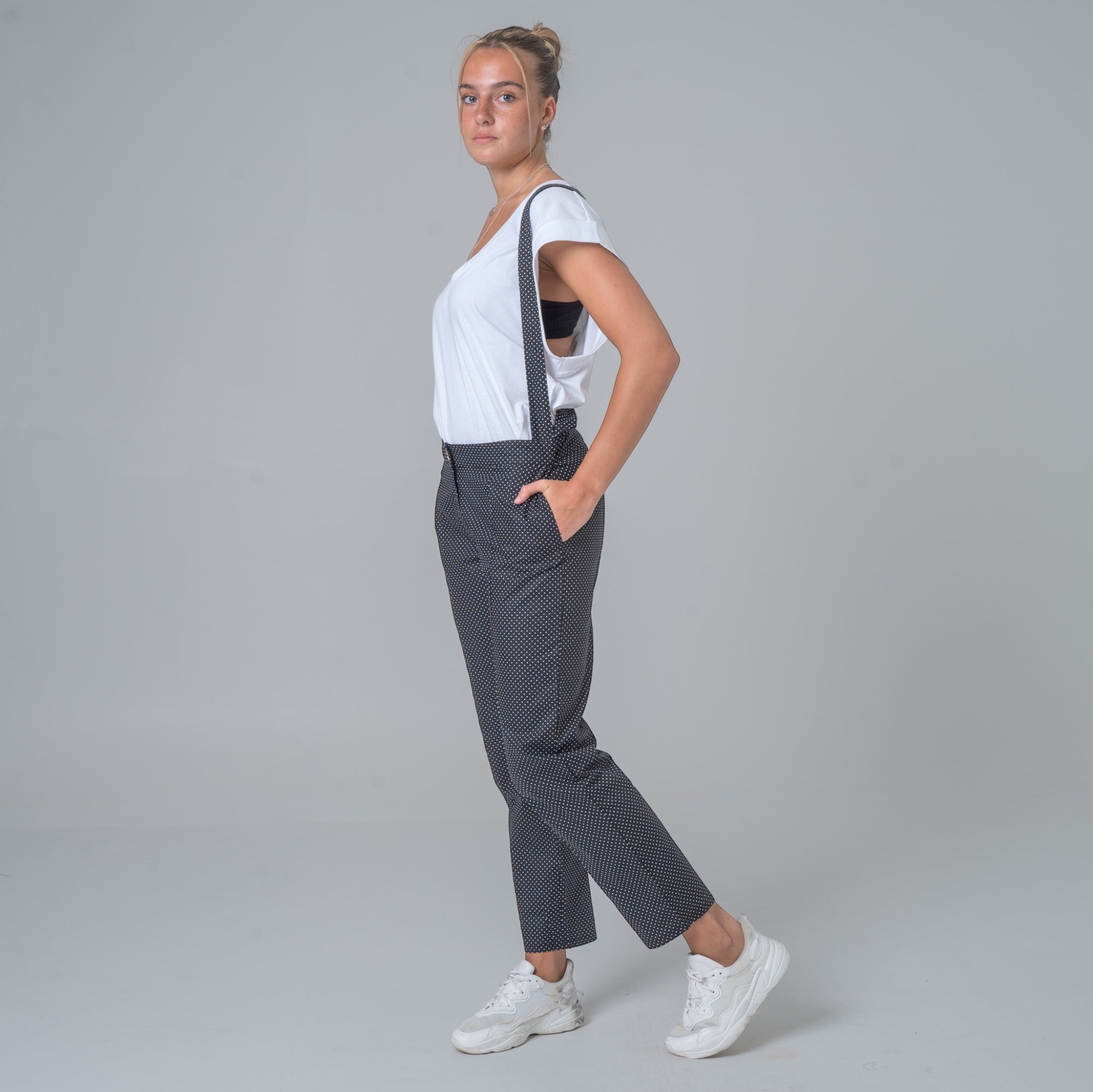 Black cotton poplin suspender pants with white polka dots