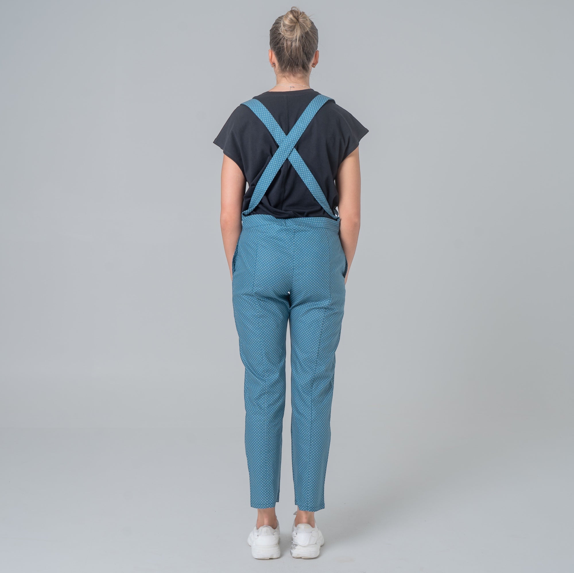 Petrol blue cotton poplin suspender pants with white polka dots