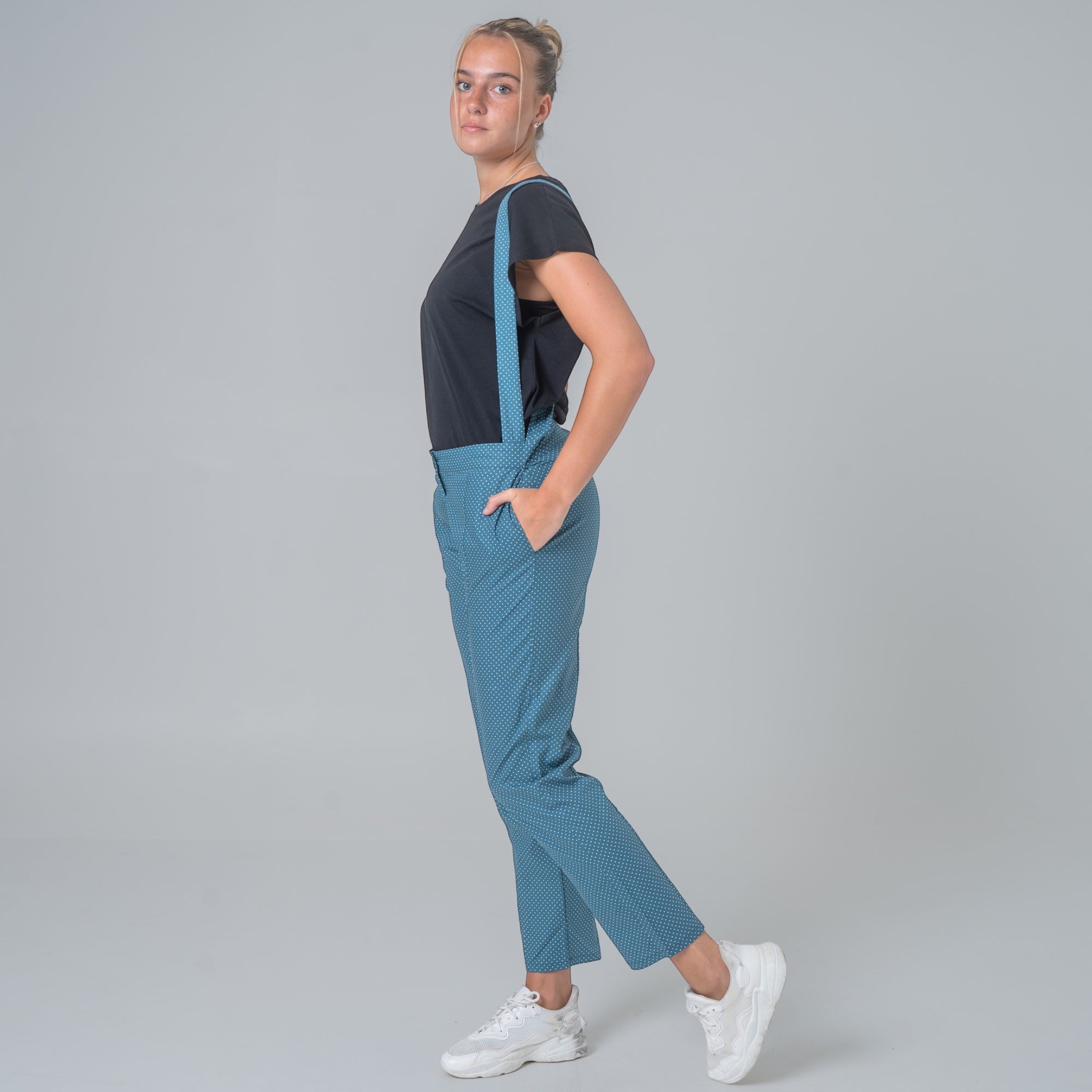 Petrol blue cotton poplin suspender pants with white polka dots