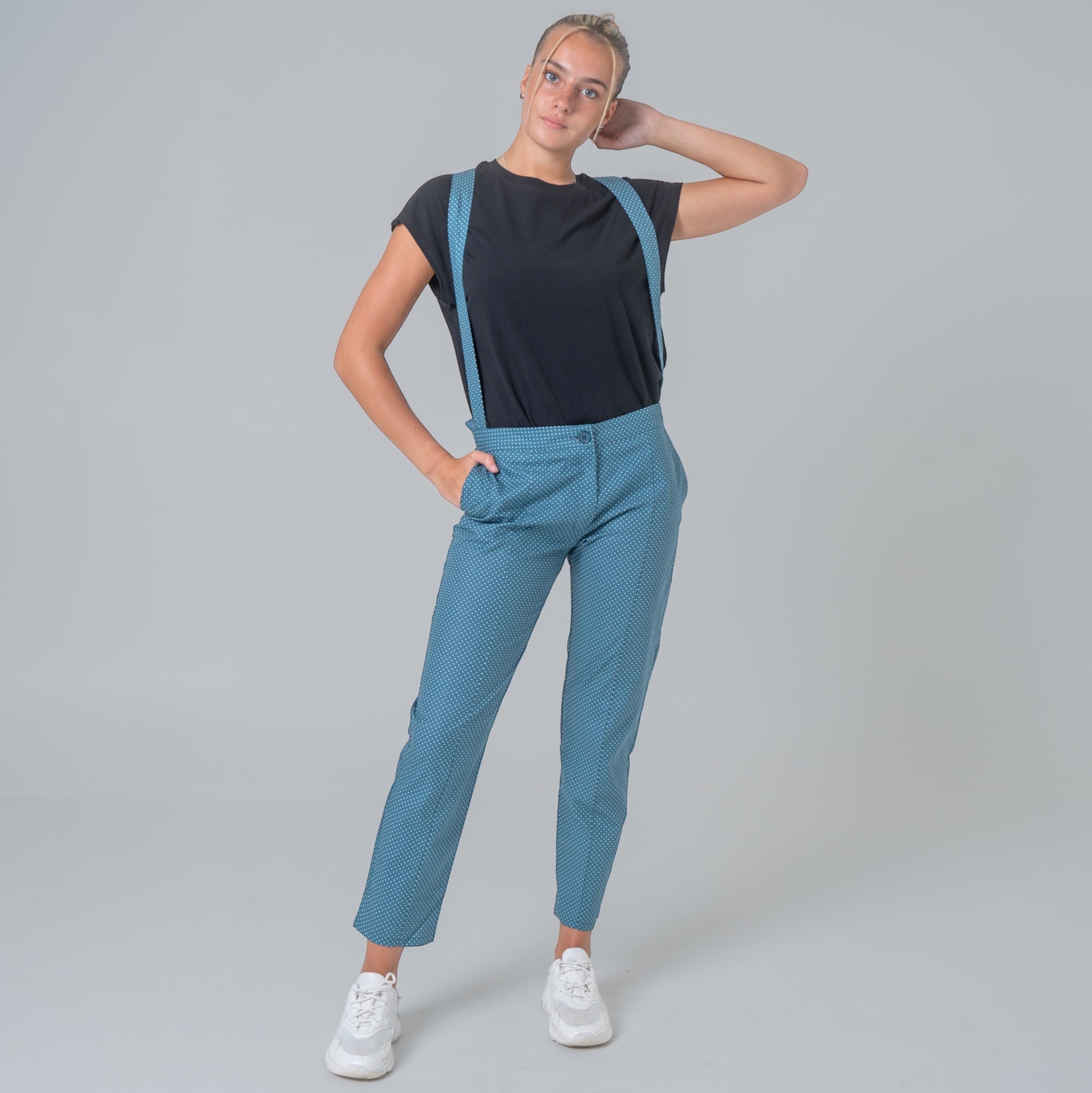 Petrol blue cotton poplin suspender pants with white polka dots