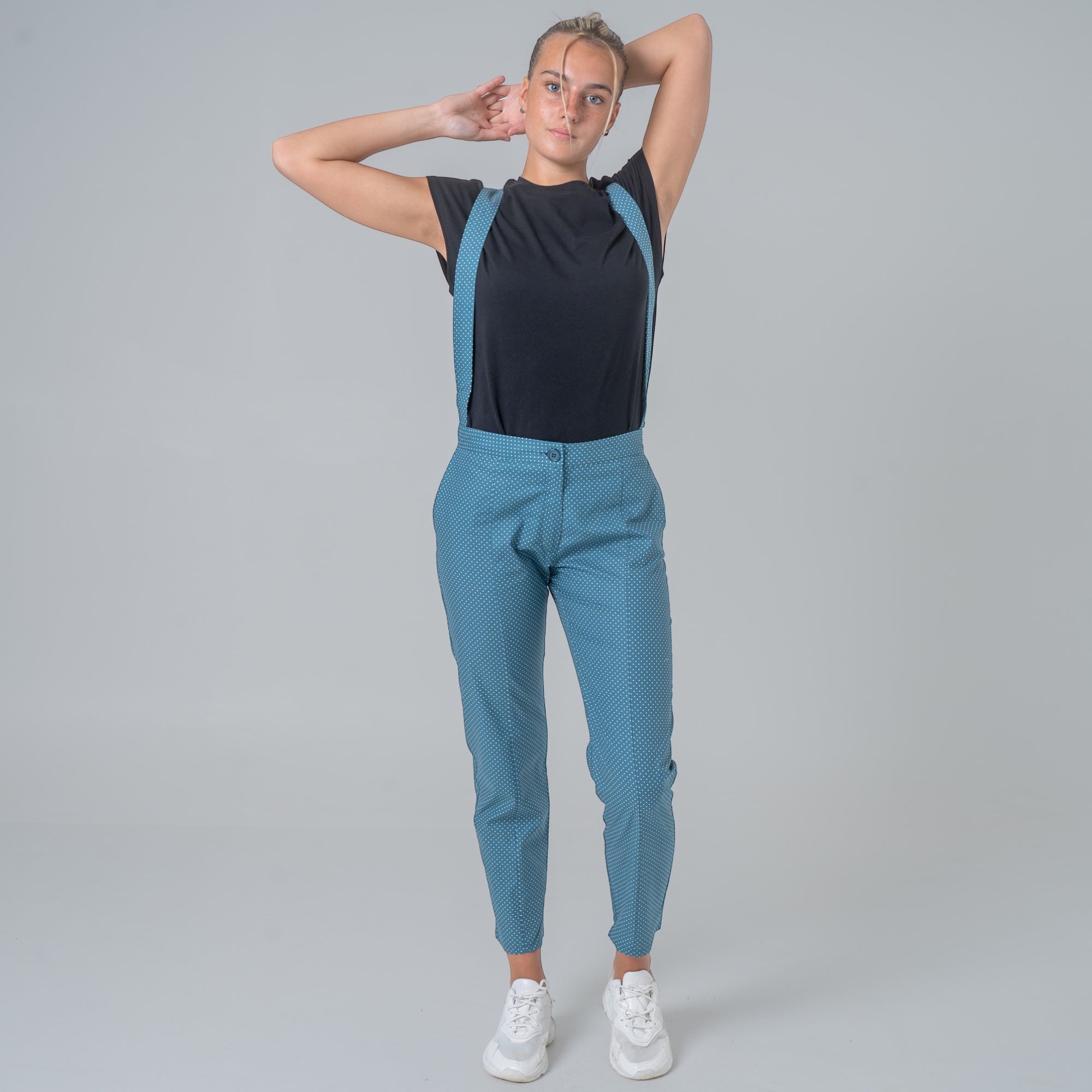 Petrol blue cotton poplin suspender pants with white polka dots