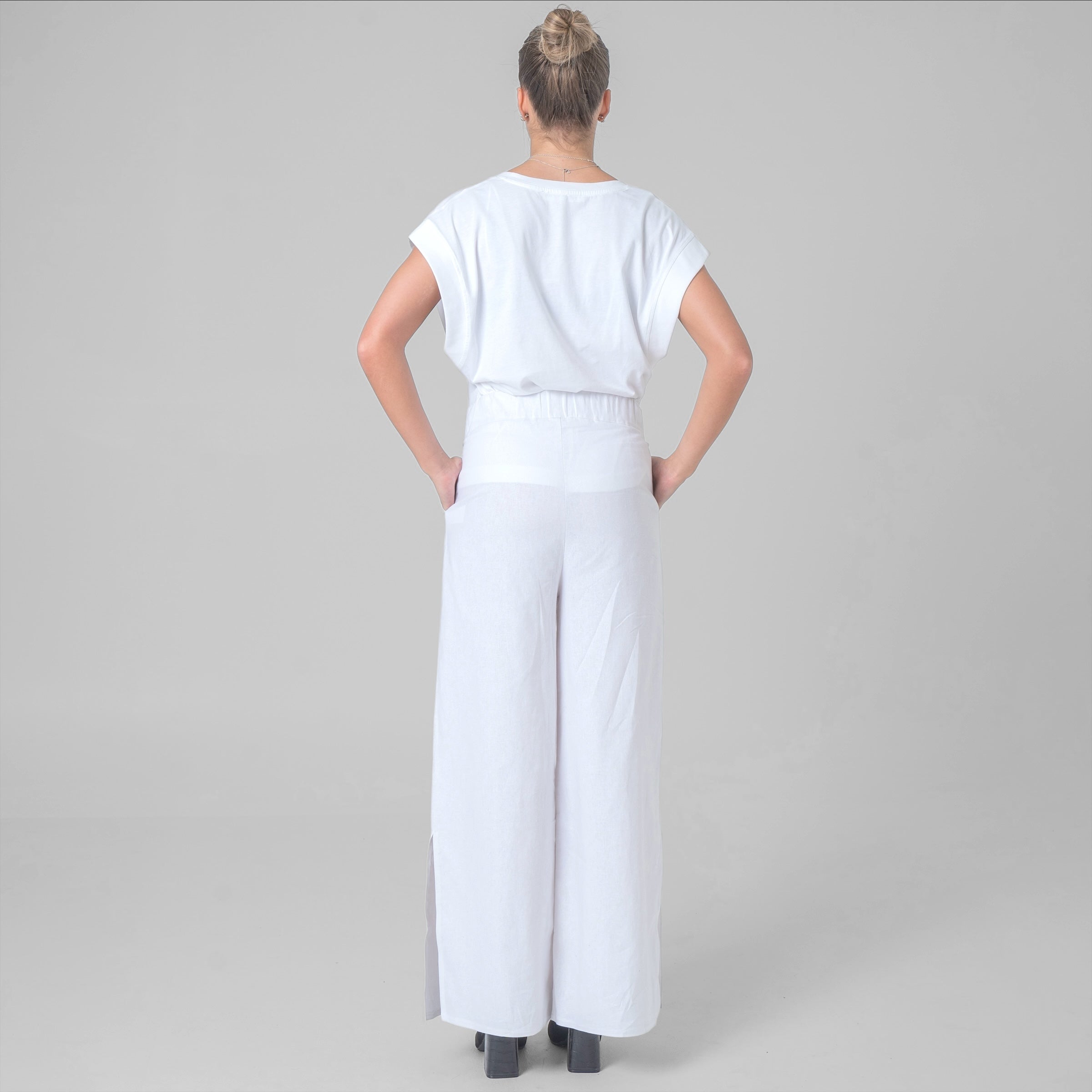 Pantalon à fentes en coton et lin blanc