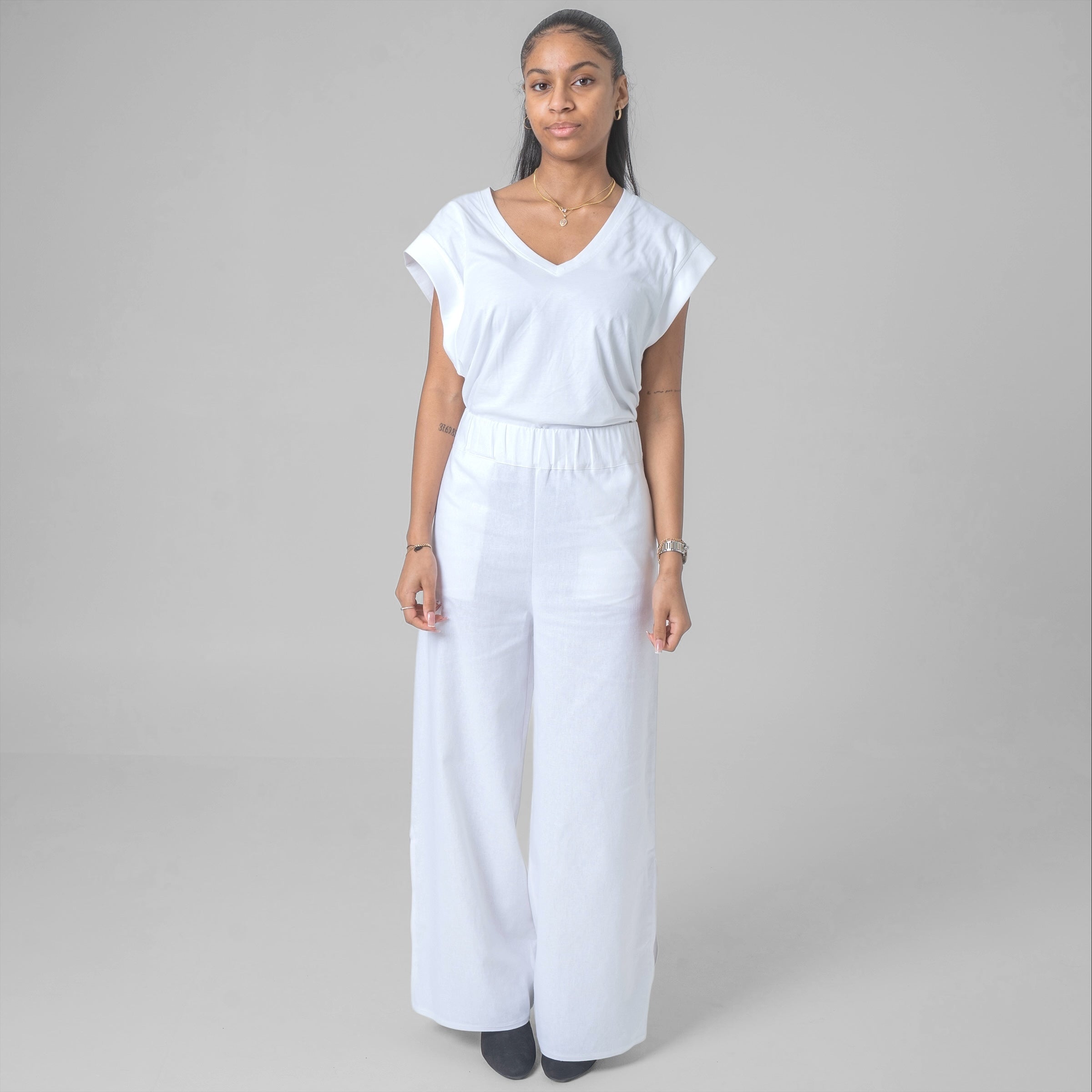 White cotton and linen slit pants