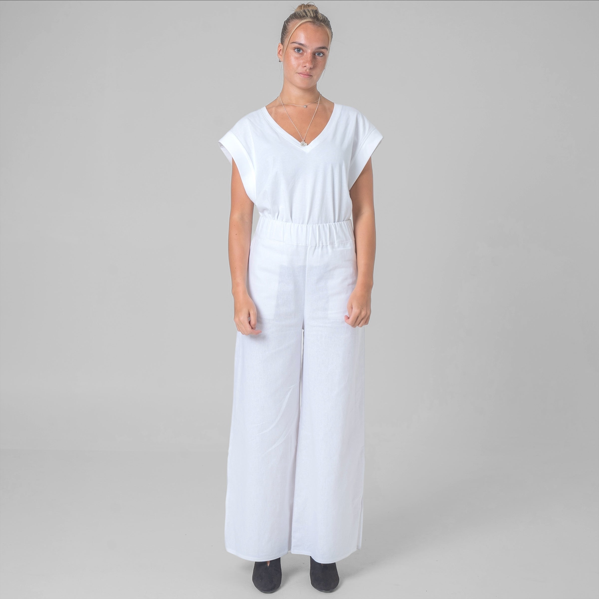 Pantalon à fentes en coton et lin blanc