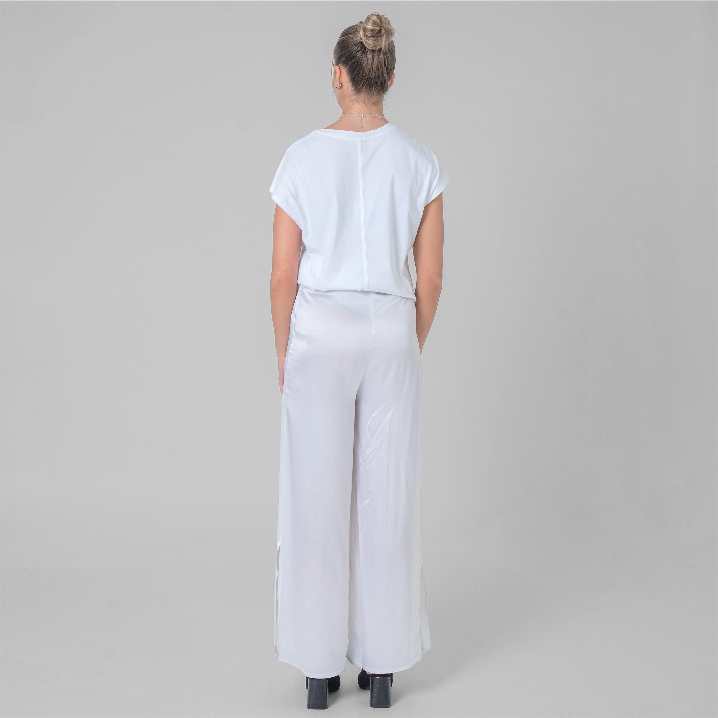 White silk satin slit pants