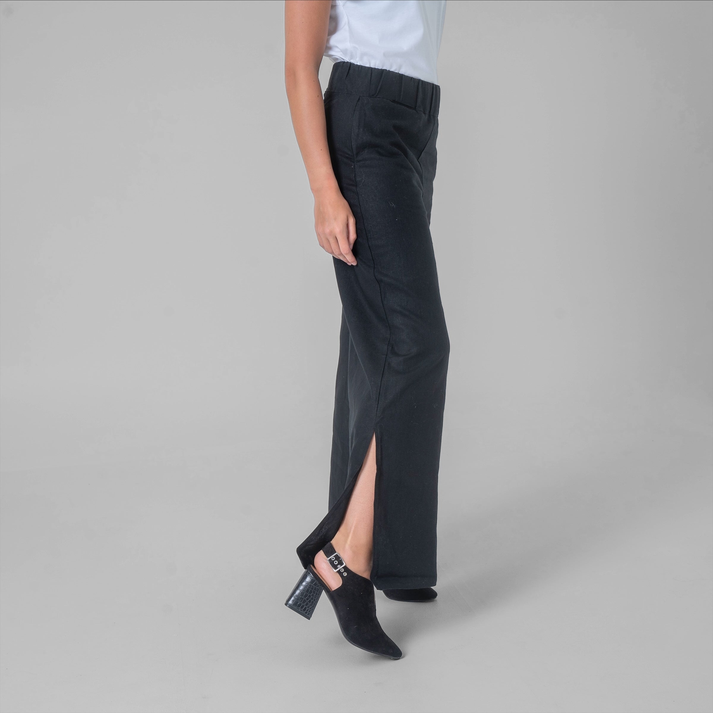 Black cotton and linen slit pants